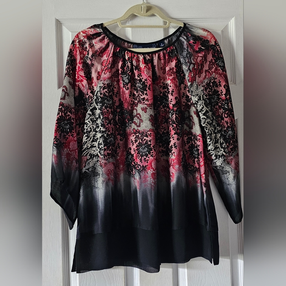 Susan Graver Black and Red Lace Print Blouse